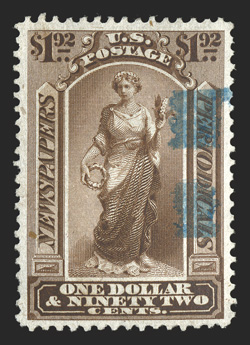 PR24, $1.92 Dark brown, used, exceptionally well centered, deep luxuriant color and a razor-sharp impression, light blue brush stroke cancel, extremely fine used examples of
this stamp, especially in this premium quality, are quite challenging