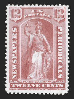 PR40, 12c Rose special printing, without gum as issued, an incredibly choice example of this very scarce stamp, being in far superior quality to the vast majority of known
copies, wonderfully well centered amid uncharacteristically large margins