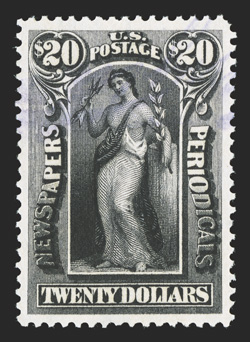 PR123, $20.00 Slate, used, excellent centering within large margins, deeply rich color, light violet cancel, extremely fine 2010 PF certificate.
