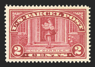 Q2, 2c Parcel Post, virtually perfect centering amid unusually large margins, strong vibrant color, o.g., n.h., extremely fine gem 2003 PSE certificate (Superb 98 SMQ
$625.00).