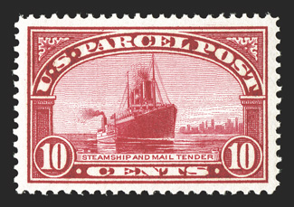 Q6, 10c Parcel Post, a visually striking mint single, featuring a marvelous overall brilliance, with deep radiant color and a superbly detailed impression on crisp white paper,
plus it is extraordinarily well centered within lavishly large margi