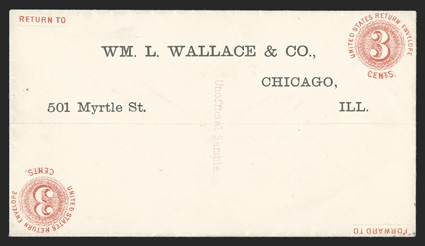 Undersander E801, 3c Red on white Marshall patented return stamped envelope essay, with preprinted return address, showing inverted second reply impression of the indicia, most
unusual, very fine also accompanied by the paid reply postal ca
