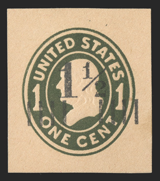 U492, 1½c on 1c Green on oriental buff, die 2, 33x37mm cut square, very fine.