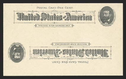 UX10a, 1c Black on buff postal card, Double Impression, One Inverted, choice mint example of this striking and rare error card, fresh and bright with two strong impressions,
the lower one being inverted, additionally the card shows two fairly st