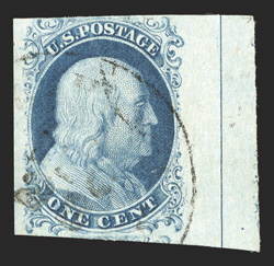7, 1c Blue, Ty. II, position 90L3, an impressive right straddle-margin and centerline example, featuring large margins all around (just touching at a couple of points at top)
and a huge sheet margin measuring 9mm, especially bright fresh col