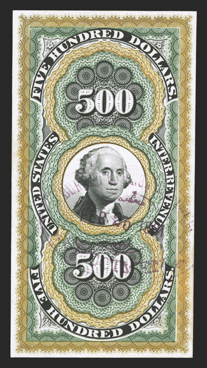 R133TC, $500.00 Persian Rug, large die trial color proof in light brown, light green and black, stamp size proof on card, with light Bureau of Printing and EngravingFeb 25 1891
handstamp, lovely rich colors, light adherences and a small thin