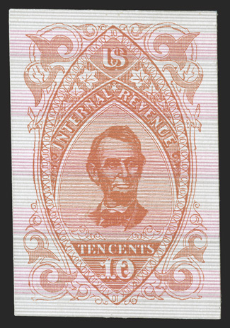 Turner Proof Type Ra (Scott RN-R1-R3), 10c Proofs in various colors on different types of paper, eight in all, includes examples in Red and Blue on wove paper, the same colors
each on pink paper, one in Orange, showing the added inscription at b