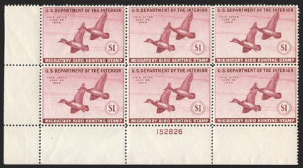 RW10, 1943 $1.00 Deep rose, handsome bottom left corner margin plate no. 152826 block of six, incredibly well centered throughout, strong and intact, o.g., n.h., two stamps
with tiny natural inclusion speck, extremely fine.