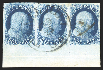 7, 1c Blue, Ty. II, positions 97-99L3, the incomparable Warner bottom sheet-margin horizontal strip of three, ample (at right) to mostly huge margins all around, including a
stunning sheet margin at bottom measuring an impressive 14mm, dis