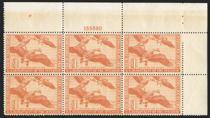 RW11, 1944 $1.00 Red orange, top right corner margin plate no. 155590 block of six, post office fresh, crisp and intact, o.g., n.h., center stamps with a narrow vertical gum
skip, fine to extremely fine.
