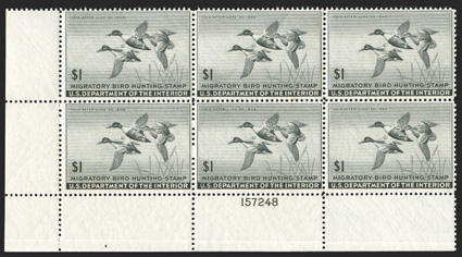 RW12, 1945 $1.00 Black, bottom left corner margin plate no. 157248 block of six, bright and fresh, o.g., n.h., fine-very fine.