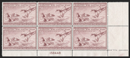 RW13, 1946 $1.00 Red brown, bottom right corner margin plate no. 158448 block of six, beautifully centered, o.g., n.h., choice very fine.