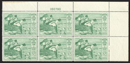 RW16, 1949 $2.00 Bright green, top right corner margin plate no. 160790 block of six, well centered, o.g., n.h., fresh and very fine.