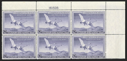 RW17, 1950 $2.00 Violet, top right corner margin plate no. 161535 block of six, fresh and well centered, o.g., n.h., very fine.