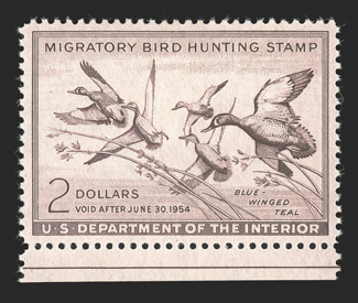 RW20, 1953 $2.00 Dark rose brown, bottom margin mint single, exceedingly well centered and margined, bright and fresh, o.g., n.h., extremely fine 2007 PSE certificate (Superb
98 SMQ $760.00).