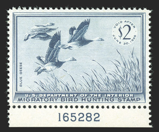 RW22, 1955 $2.00 Dark blue, bottom margin plate no. 165282 single, excellent centering, bright color, o.g., n.h., extremely fine 2005 PSE certificate (Superb 98 SMQ
$310.00).