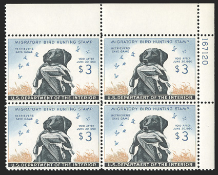 RW26, 1959 $3.00 Blue, ochre and black, top right corner margin plate no. 167120 block of six, choice centering, o.g., n.h., extremely fine.