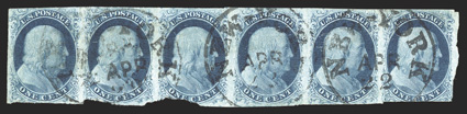 7, 1c Blue, Ty. II, positions 12-17R3, an impressive and extremely rare used horizontal strip of six, ample to large margins at top and mostly at sides, bottom margin ranging
from large to cut in or irregular on three stamps, otherwise sound