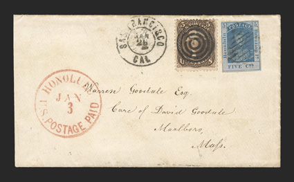 9, 1861 5c Blue on thin bluish wove, with ample to large margins all around, used in combination with United States 1863 5c Dark brown (76a) and tied to neat cover to Marlboro,
Mass. by light strike of square grid cancel, excellent strike o