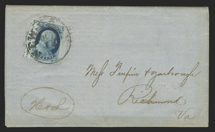 7, 1c Blue, Ty. II, position 41R3, a very scarce left sheet-margin imprint single, showing nter. Casilear & Co. BANK NOTE E portion of the imprint, in addition to a portion of
the No. (3) imprint which is almost never seen, margins mostl