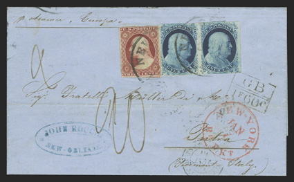 7, 1c Blue, Ty. II, positions 43-44R3, horizontal pair, and a single 3c Dull red, Ty. I (11), the former with ample to large margins all around and possessing incredibly rich
color and impression, the latter with ample to large margins as well,