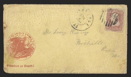 Kansas postal history collection consisting of approximately 500 covers, from territorial to early 20th Century, much of the value in territorials, with scarce towns such as
Clinton and Marion (both ex-Jarrett), also Osawatomie (with ms. note ca