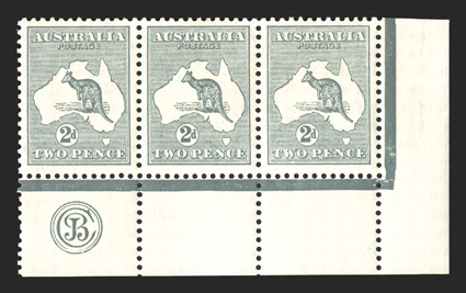 38, 1915 2p Gray, choice bottom right corner margin JBC monogram strip of three from Plate 2 (lower), exceptionally well centered, o.g., n.h., just the faintest suggestion of
gum toning, very fine an especially scarce and desirable monogram