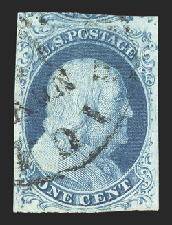 7, 1c Blue, Ty. II, position 53R3, used, neat portion of town cancel, mostly large margins, including a portion of the adjoining stamp at top, fresh color and a strong
impression, a very fine example from the scarce plate 3.