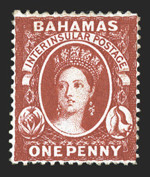 17, 1877 1p Carmine lake, aniline ink, perf. 14, an especially attractive unused example of this elusive stamp, featuring exceptional centering and unusually deep luxuriant
color, very fine signed W.H.C(olson). and H. Bloch ex-Gibralter