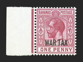 MR7a, 1918 War Tax overprint on 1p Carmine rose, watermarked sideways, a pristine left sheet-margin example of this scarce variety, deep rich color, wonderfully well centered,
o.g., n.h., extremely fine 1992 RPS certificate for a block of fou