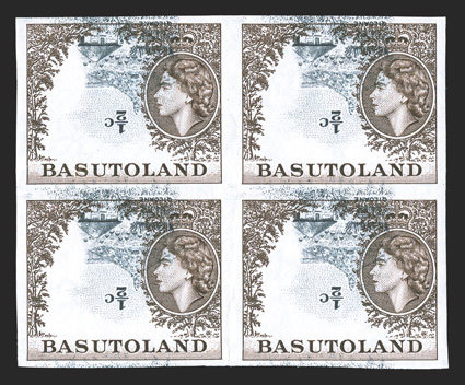 72 var., 1962 ½c Dark brown and gray, imperforate, Center and Denomination Inverted, a very rare and seldom seen block of four of this error, large well balanced margins all
around, o.g., n.h., light vertical bendcrease largely between bottom t