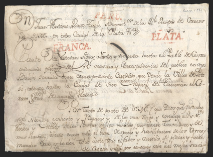 Peru, Plata., and Franca., red handstamps of each, the Plata and Franca with lines at top and bottom, on April 1792 postal document sent from La Plata to Tucuman (Argentina)
through the Central Post Office, document with some minor aging,