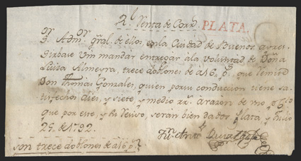 Plata., red handstamp with line at bottom, on July 29, 1792 small postal document from La Plata to Buenos Aires City, trivial aging, fine the document is about ordering a
cancellation device from the Post Office, with a handwritten receipt on