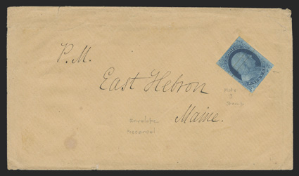 7, 1c Blue, Ty. II, position 66R3, four ample to mostly large margins, deep rich plate 3 color, cancelled by two single ruled manuscript lines as a precancel and used on a buff
colored cover addressed to East Hebron, Maine, minor edge wear t