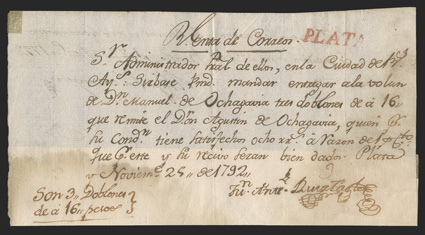 Plata red handstamp without lines, on November 29, 1792 small postal document from La Plata to Buenos Aires City, fine the document is about ordering a cancellation device from
the Post Office, with a handwritten receipt on the reverse.