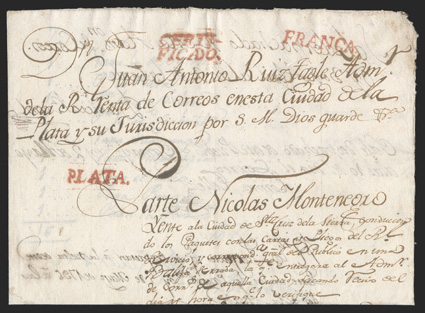 Plata., Franca., and Certi-ficado. red handstamps of each, Plata with lines at top and bottom, on April 26, 1796 postal document from La Plata to Santa Cruz, fine the
Certi-ficado handstamp was an early form of todays certified mail.