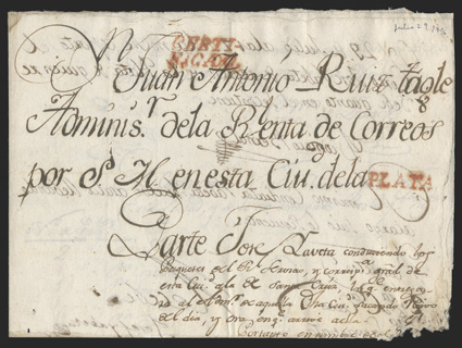Plata. and Certi-ficado, red handstamps of each, Plata without lines, on July 29, 1796 postal document from La Plata to Santa Cruz, document a little ragged at bottom right
(middle of the full document), fine.
