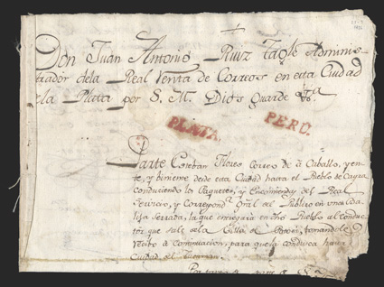 Plata. and Peru., red handstamps of each, Plata without lines, on September 26, 1796 postal document from La Plata to Tucuman (Argentina), fine.