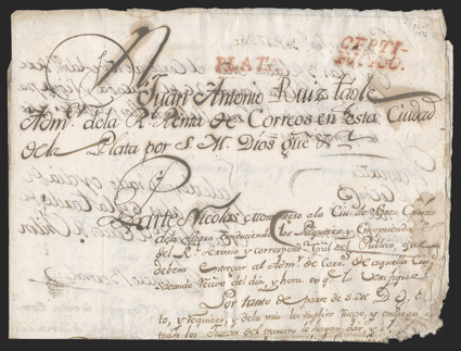 Plata. and Certi-ficado, red handstamps of each, Plata with line at bottom, on September 26, 1796 postal document from La Plata to Santa Cruz, document a little ragged at
right, fine.