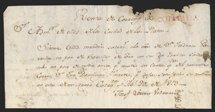 Cotagaita, red handstamp on April 29, 1813 postal document from Cotagaita to La Plata, document ragged at top and with some minor toning, fine a rare handstamp, especially on a
document.