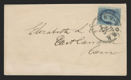 7, 1c Blue, Ty. II, position 68R3, strong double transfer variety, four mostly large margins, deep rich color and a strong impression showing the double transfer exceptionally
well, tied to neat cover to East Canaan, Conn. by New-YorkApr 8