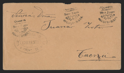 Correos Porte Franco Colquechaca, Department of Potosi, fancy three-line handstamp struck three times on cover to Tacna (c.d.s. backstamp), with Chayanta oval handstamp,
trivial nick at top of cover, otherwise fine.