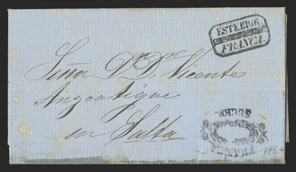 Franca Sucre, in fancy scroll at bottom right of 1863 folded letter to Salta (Argentina), with boxed Esterior Franca handstamp at top right, some bleach stains, fine a scarce
and desirable pair of markings.