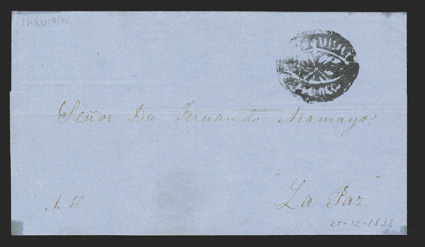 Inquisivi Franco, Department of La Paz, fancy negative handstamp on 1838 blue folded letter to La Paz, there are some very trivial mounting stains in the corners of the cover
not affecting the marking, very fine a scarce and unusual handstamp.