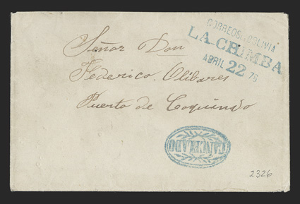 La-Chimba Correos de Bolivia April 22 76, Deptartment of Litoral, blue three-line handstamp on petite cover to Coquimbo, with blue ornate Cancelado handstamp, very fine and
handsome.