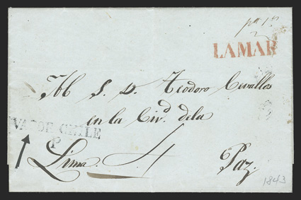 Lamar Department of Litoral, crisp red handstamp on 1843 folded letter to La Paz, with Vapor Chile P two-line handstamp of the Pacific Steamship Navigation Company, fresh and
very fine the PSNG handstamp is quite scarce and highly desira