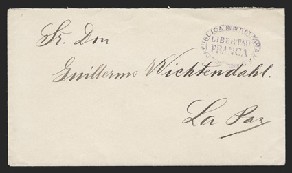 Libertad Franca Republica Boliviana, Department of La Paz, well stuck fancy purple oval handstamp on fresh cover to La Paz, very fine a most desirable postmark, being one of
the very few Bolivia handstamps to be struck in purple.