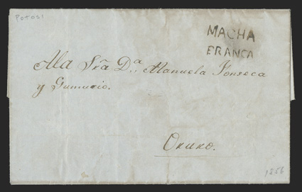 Macha Franca, Department of Potosi, black two-line handstamp on 1856 folded letter to Oruro, some cover wear, fine a seldom seen marking.