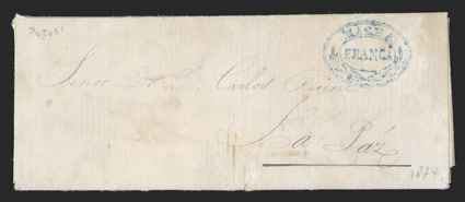 Macha Franca, Department of Potosi, nicely struck blue ornamental handstamp on 1874 folded letter to La Paz, cover with small tear at bottom, a very fine strike on a fine
cover.