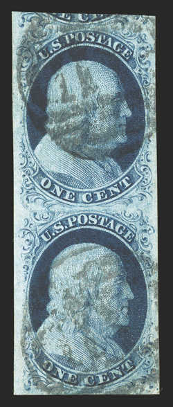 7, 1c Blue, Ty. II, positions 7585R3, vertical pair, large to huge margins all around, including showing a portion of the adjoining stamp at top, intense shade distinctive to
stamps from plate 3, plus its impression is deeply etched, unobtrusiv